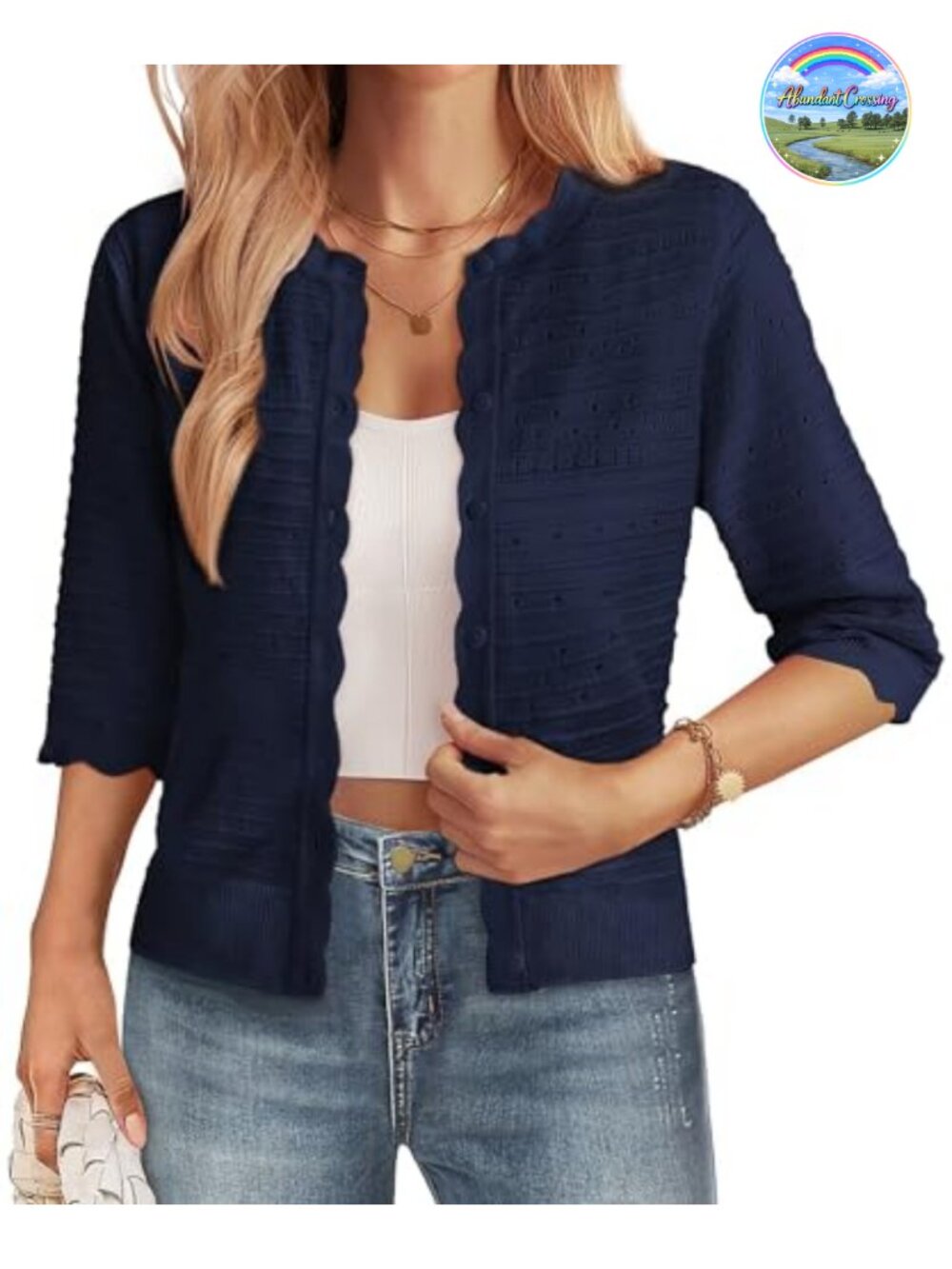 Womens 3/4 Sleeve Cropped Cardigan Lightweight Crochet Shrug Button Down